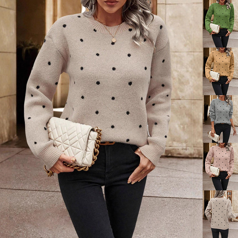 Polka Dot Print Pullover Sweater Long-Sleeve Casual Knit Top for Women