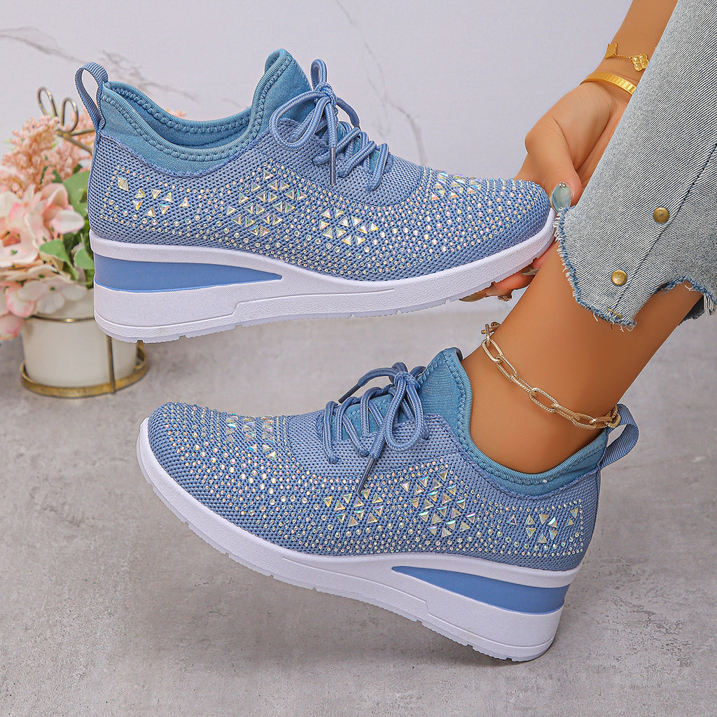 Baskets compensées à lacets Ins Rhinestone pour femmes Chaussures de sport décontractées