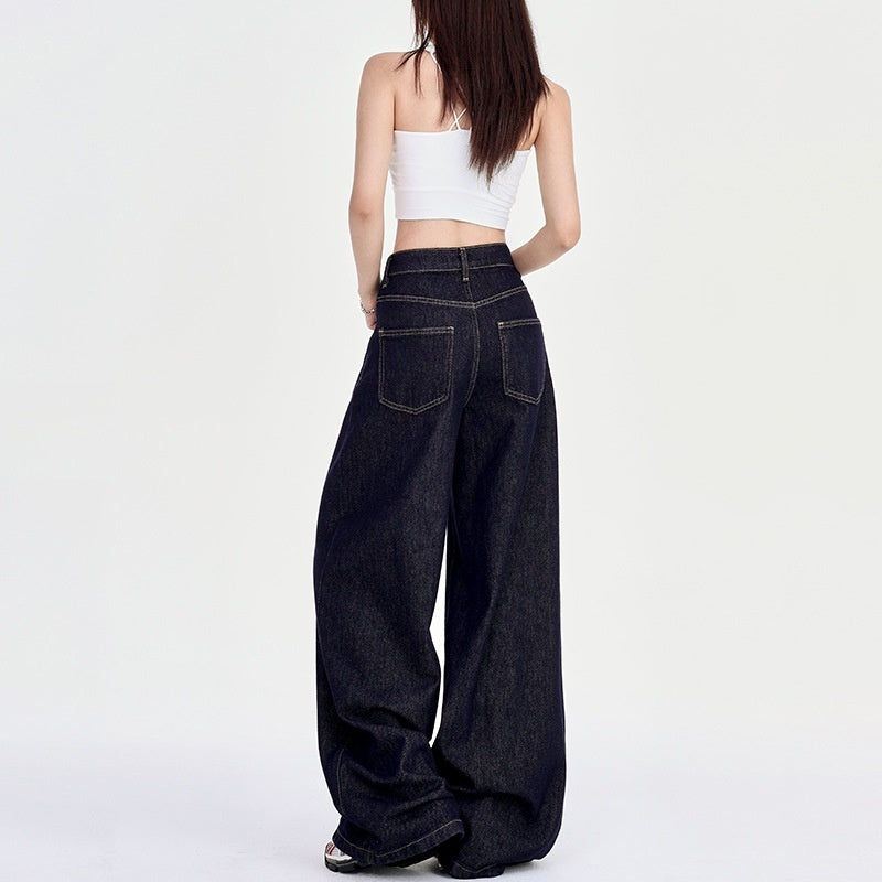 Spring Draped High Waist Wide Leg Denim Jeans for Women