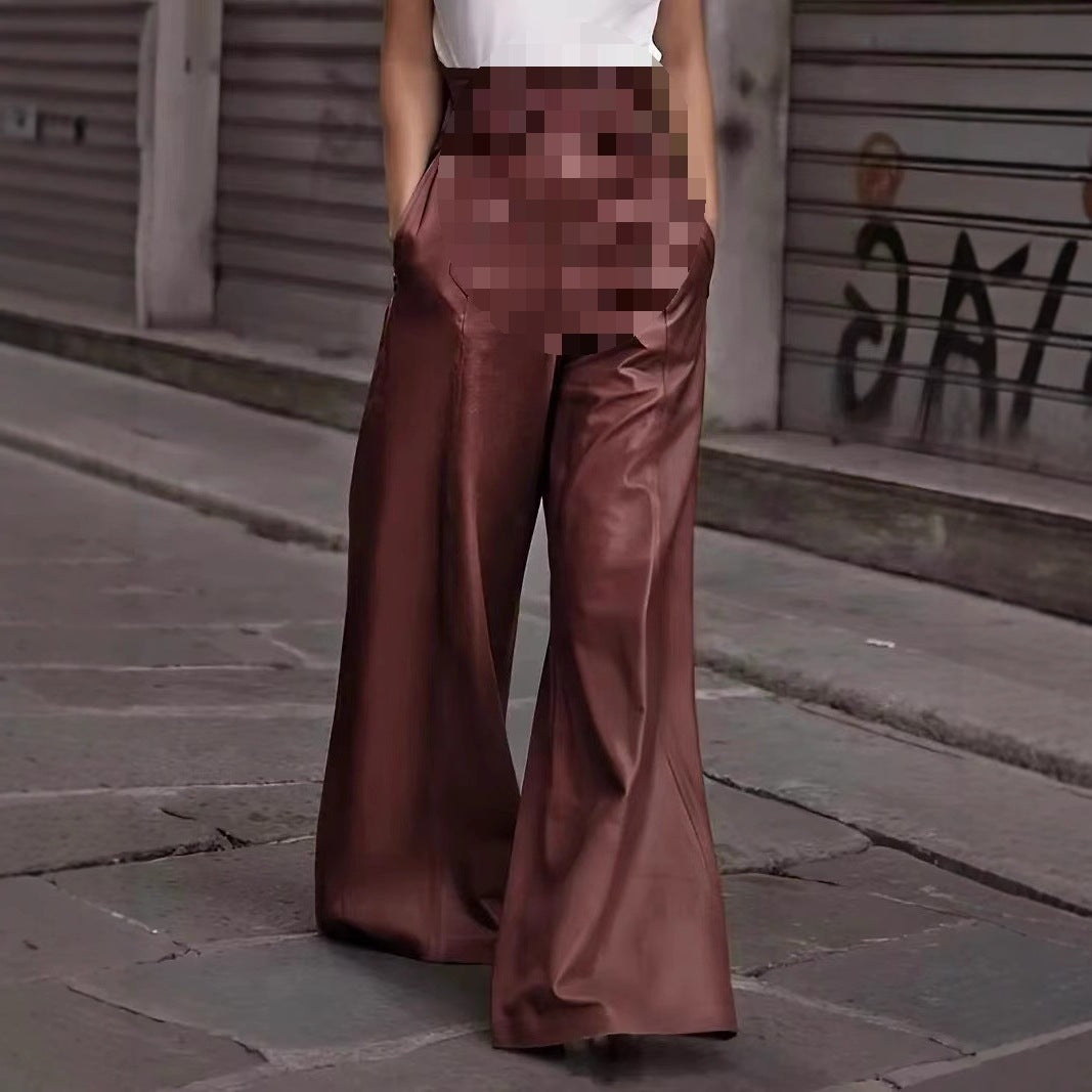 High Waist PU Leather Casual Trousers with Pockets