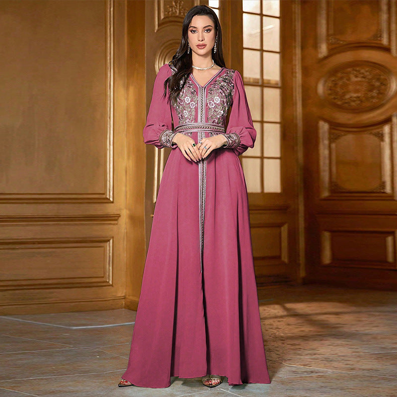 Arabian Muslim Rose Red Embroidered Chiffon Dress Long Sleeve A-Line