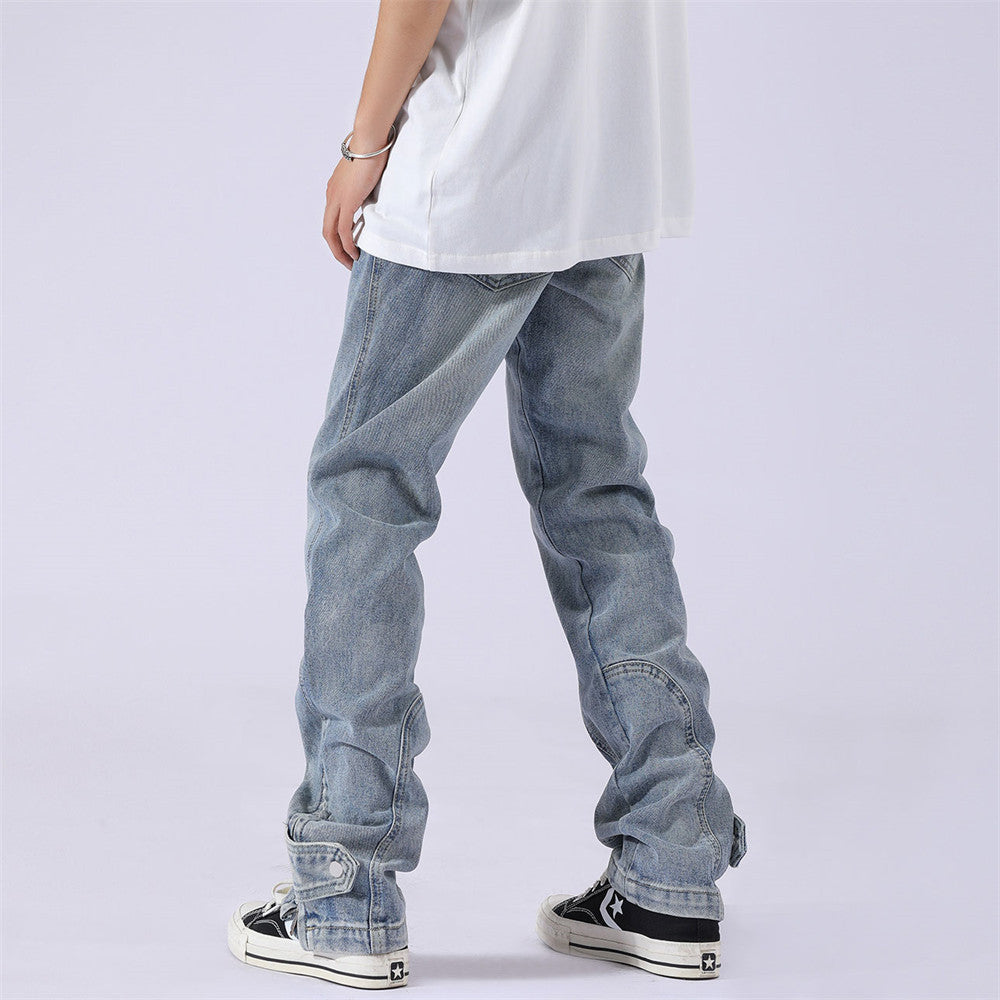 Solid Blue Patchwork Straight-Leg Jeans for Men Cotton