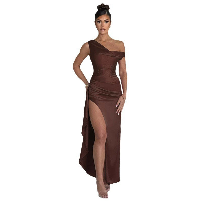 Women's Satin High Waist Slit Dress in Black, Red & Blue