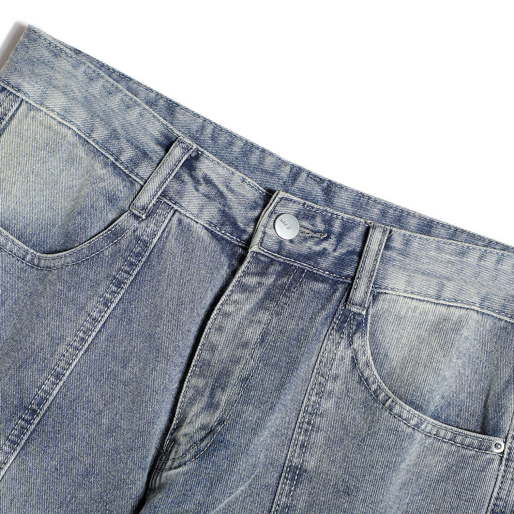 Solid Blue Patchwork Straight-Leg Jeans for Men Cotton