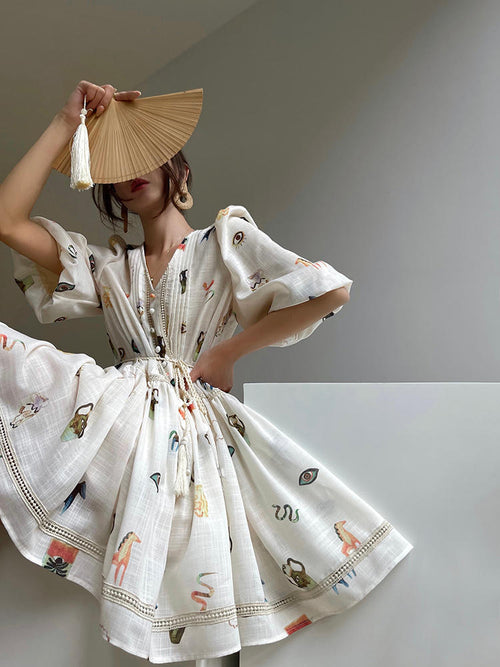 Robe Femme en Dentelle Rétro à Manches Bouffantes et Col en V