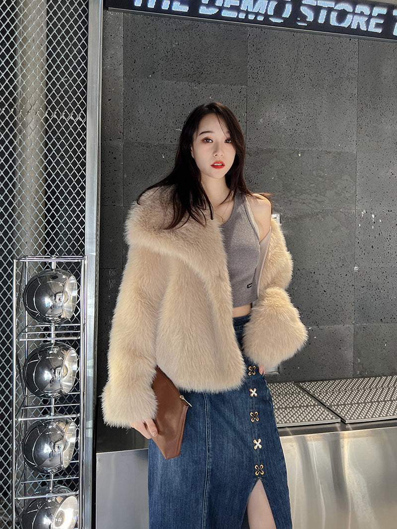 Women's Elegant Large Lapel Faux Fur Warm Coat in Black & Rice Apricot, Sizes S-XL
