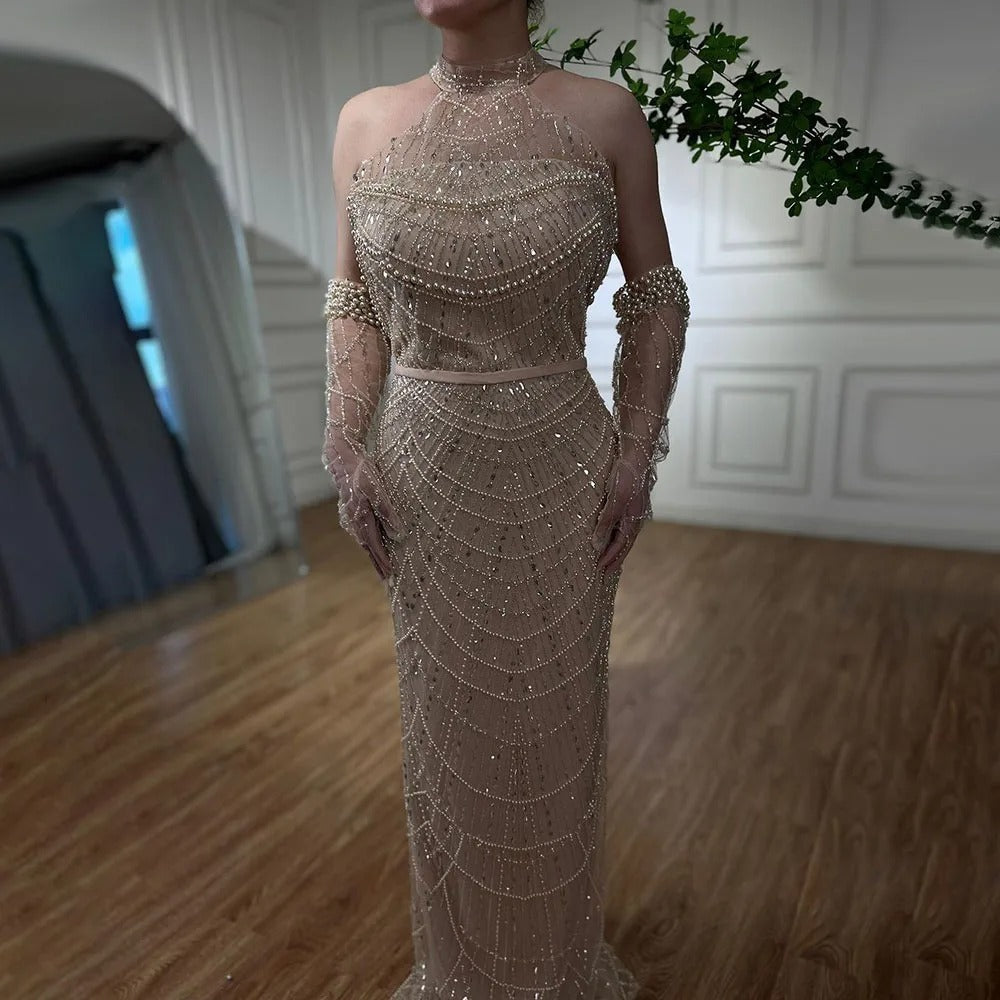 Robe de soirée longue de luxe perlée pour femme