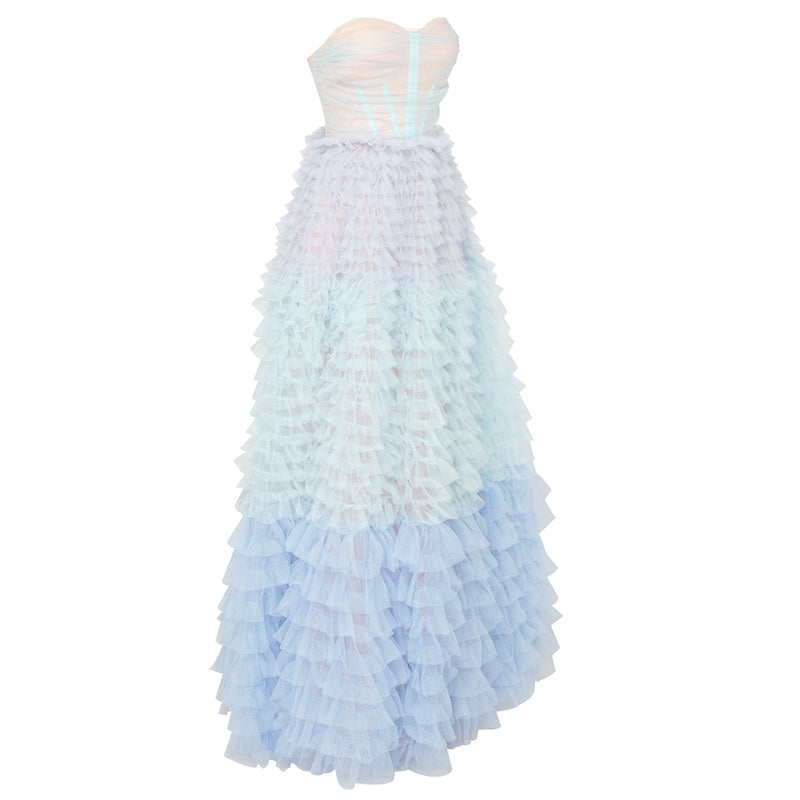 Light Blue Sleeveless Off-Neck Mesh Gradient Tube Dress