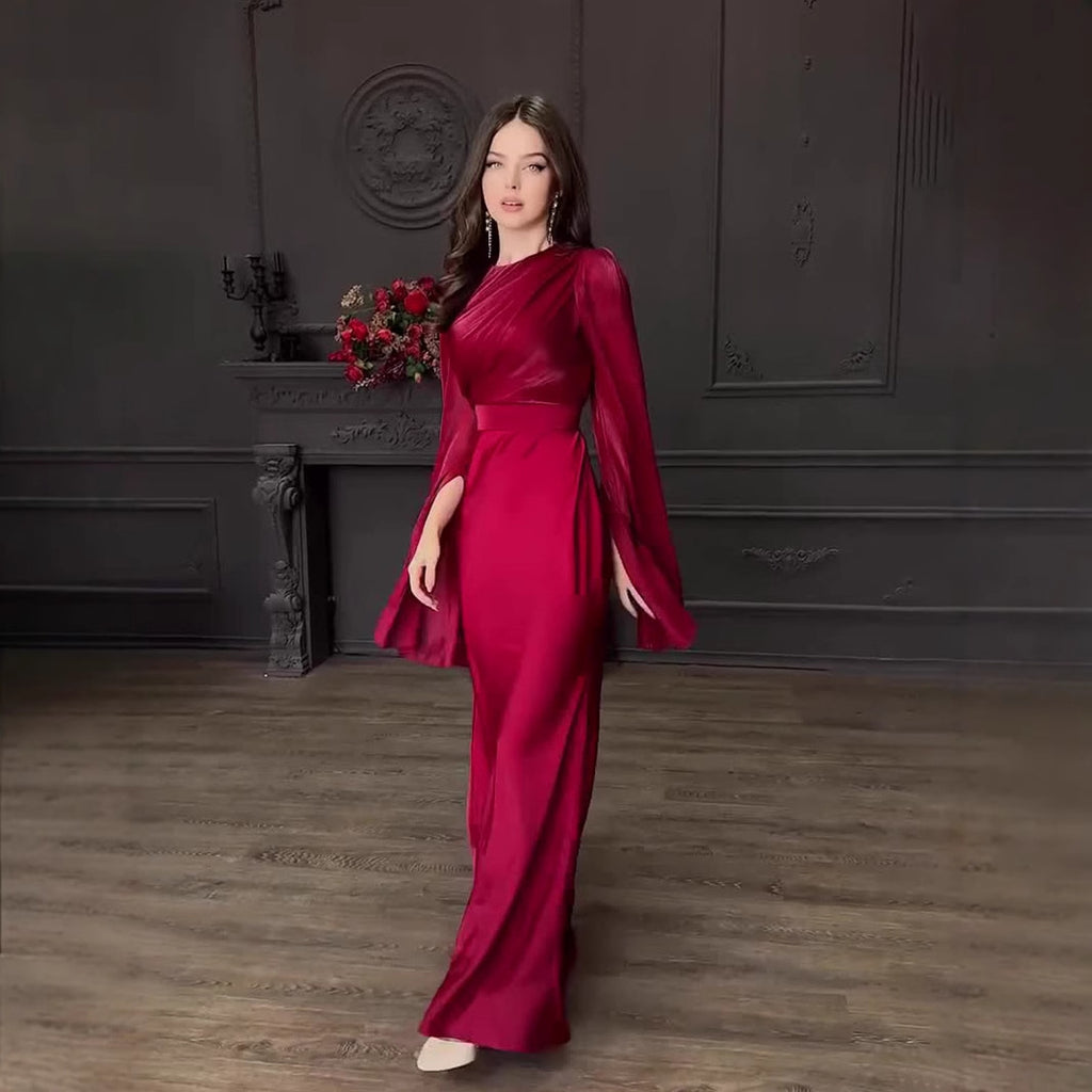 Satin Slim Fit Dress with Large Batwing Sleeves and Stitching Glass Yarn