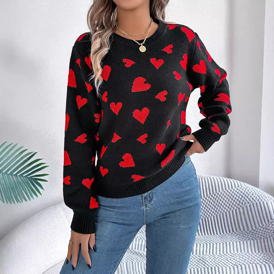Pull tricoté à manches lanterne contrastées avec motif cœur et col rond