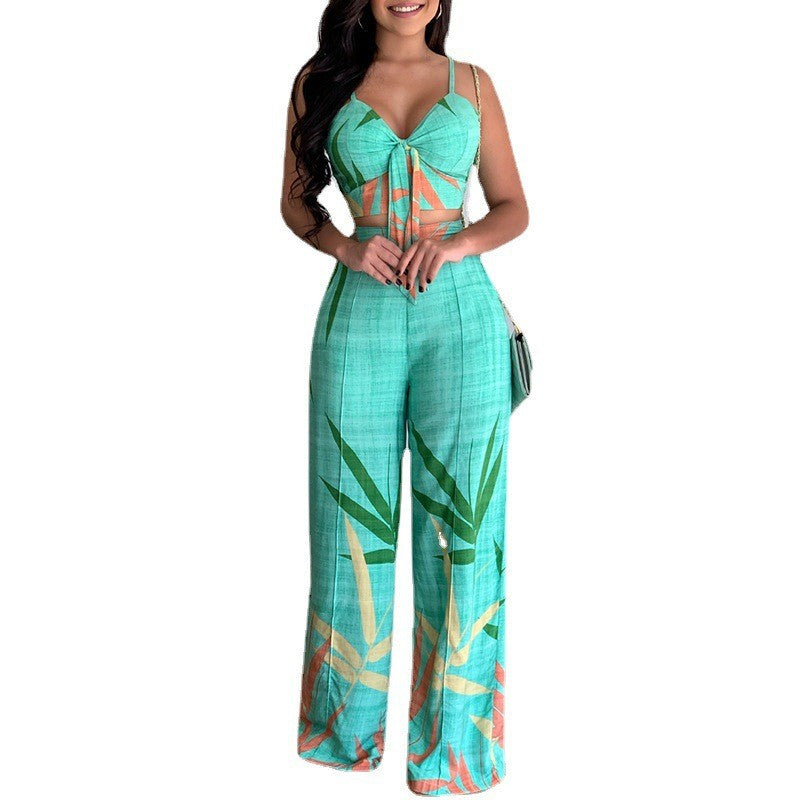 Linen V-Neck Short Vest & High Waist Wide Leg Pants Two-Piece Set