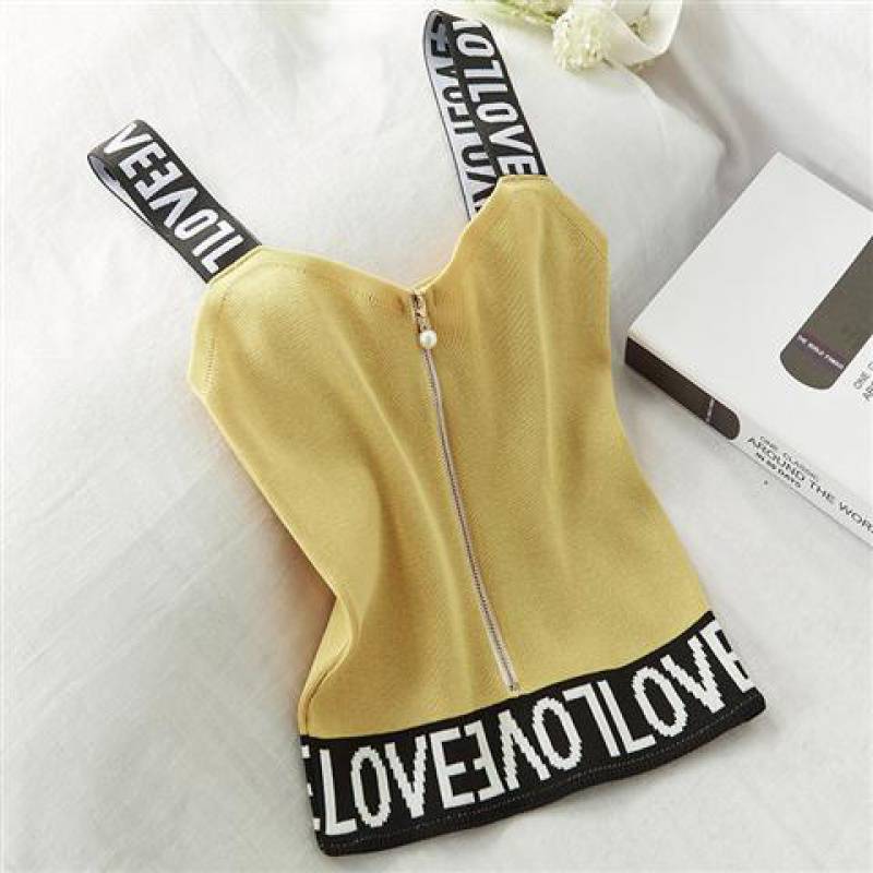 Petit Gilet Court en Tricot Halter à Fermeture Éclair Perle avec Lettre Anglaise