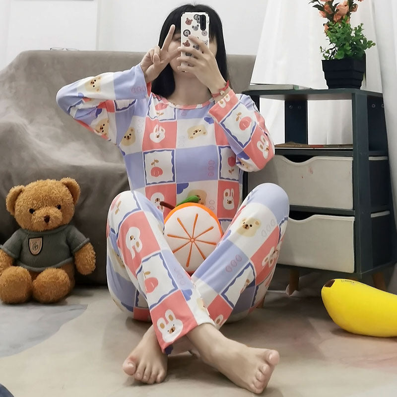 Simple Casual Korean Style Women’s Long-Sleeve Spring Autumn Pajama Set Solid Color Plaid