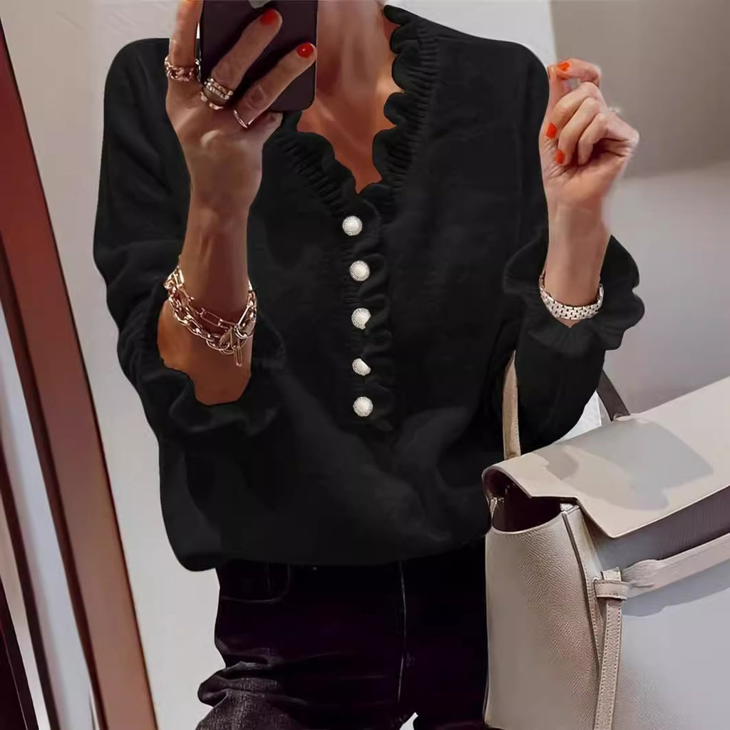Women’s Winter V-Neck Ruffled Knitted Pullover Sweater Long Sleeve