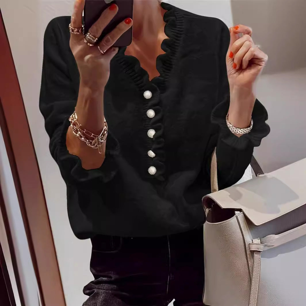 Women’s Winter V-Neck Ruffled Knitted Pullover Sweater Long Sleeve