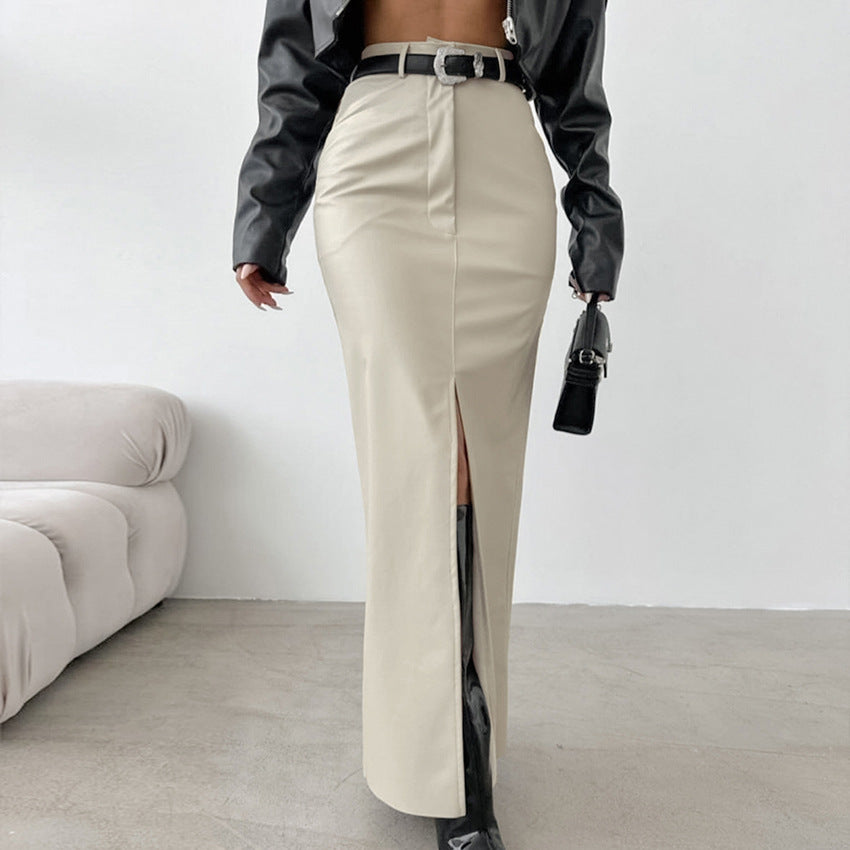 Jupe Droite Fendue Taille Haute en Simili Cuir Kaki Style Français pour Femme