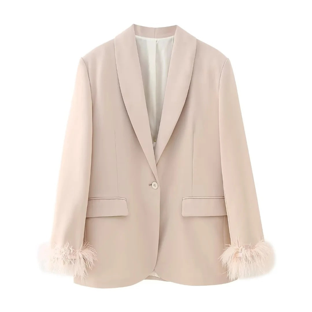 Women's Feather-Decorated Straight Suit Coat - All-Match Fashion