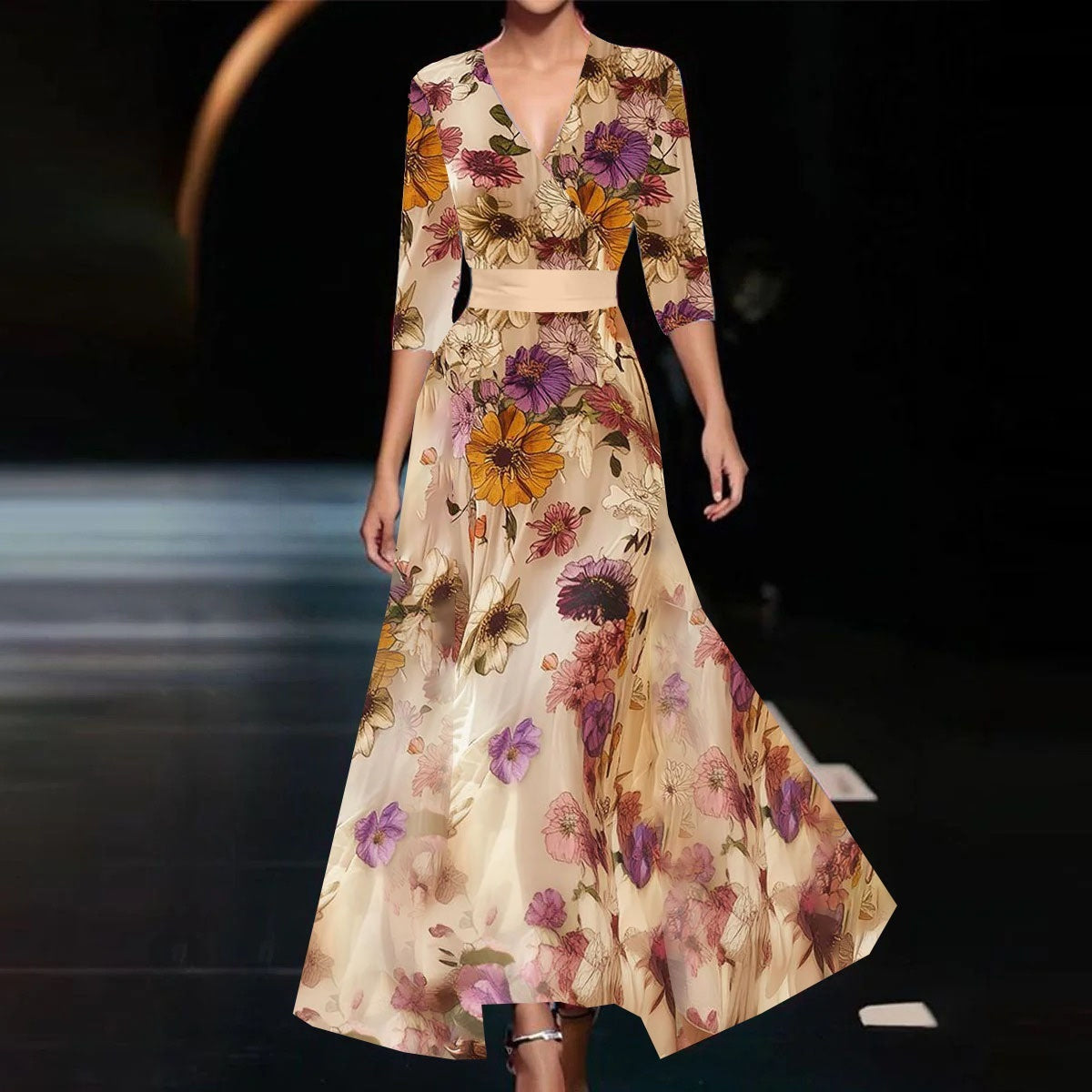 Robe d'été femme à imprimé floral, col en V, manches courtes fendues et coupe trapèze
