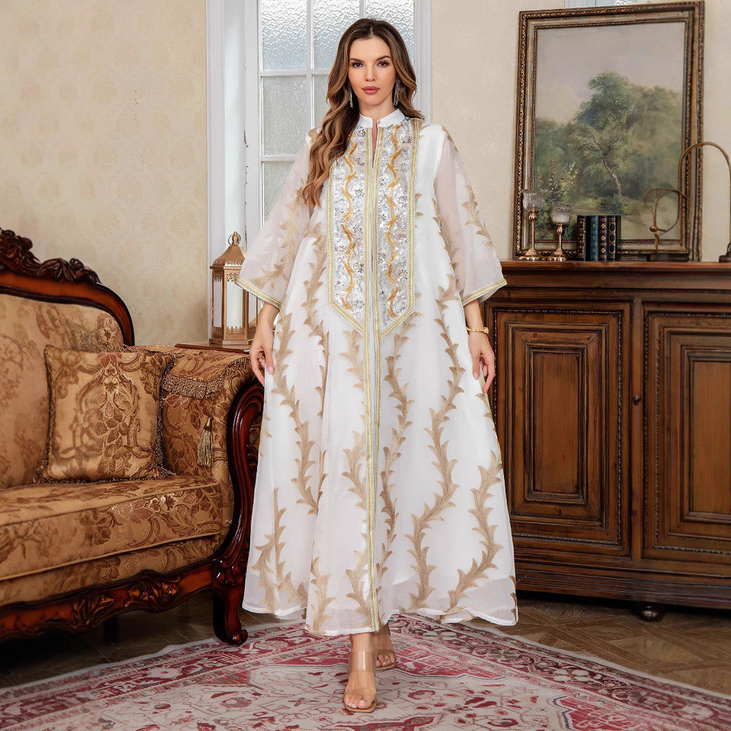 Robe longue brodée en maille résistante à manches longues pour femme