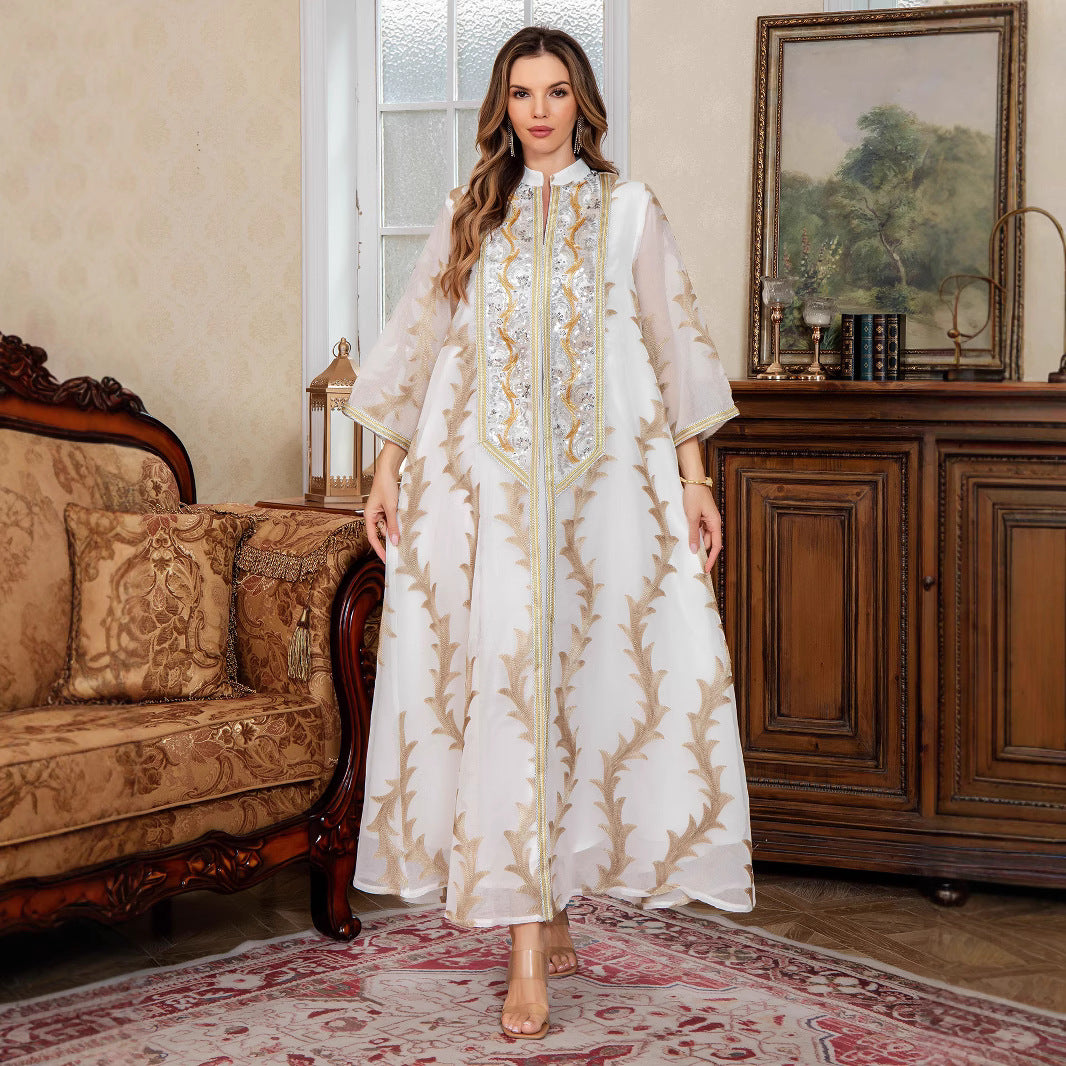 Robe longue brodée en maille résistante à manches longues pour femme