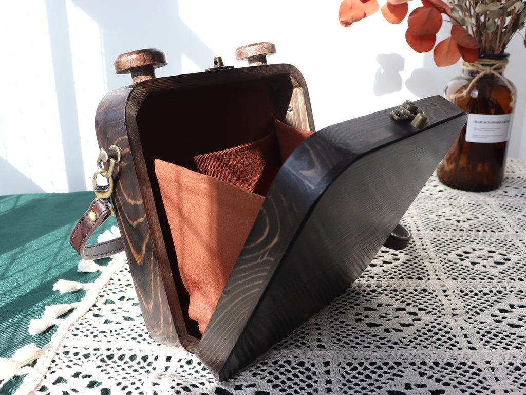 Sac bandoulière rétro chat en bois 20cm marron foncé