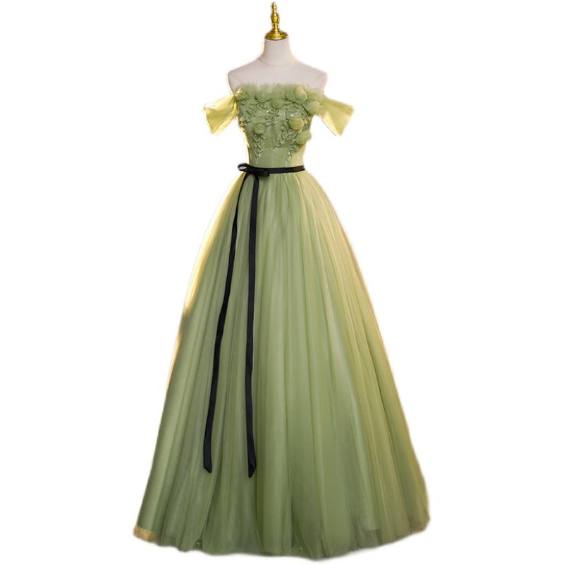 Ladies Retro Green Embroidered Bridal Toast Dress Mid-Waist