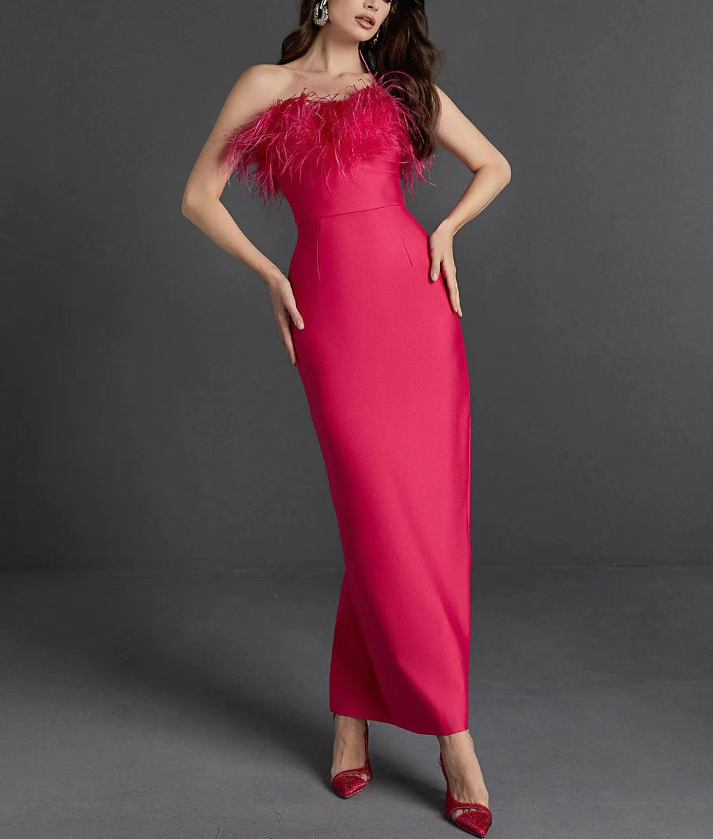 Robe bustier en fourrure d'autruche pour femme en noir, blanc, rouge rosé et rouge, tailles S-XL
