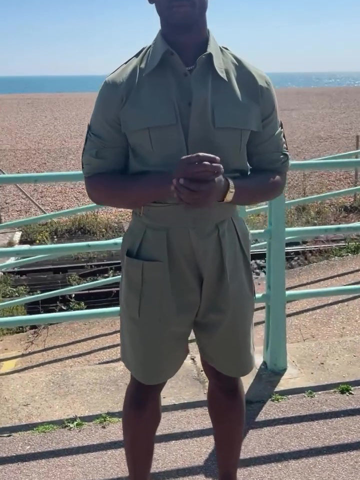 Army Green Cotton-Linen Long Sleeve Pocket Shirt & High Waist Shorts Set