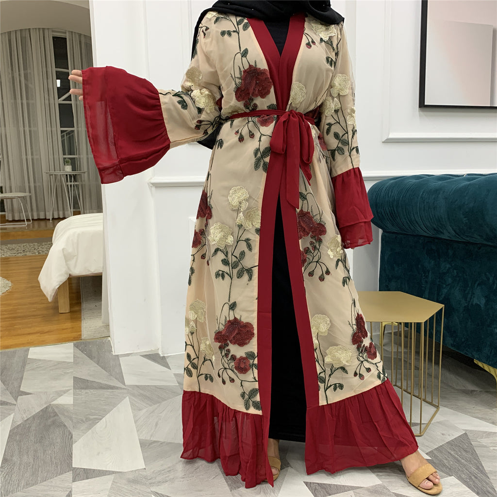 Middle Eastern Embroidered Patchwork Cardigan in Red Burgundy Polyester
