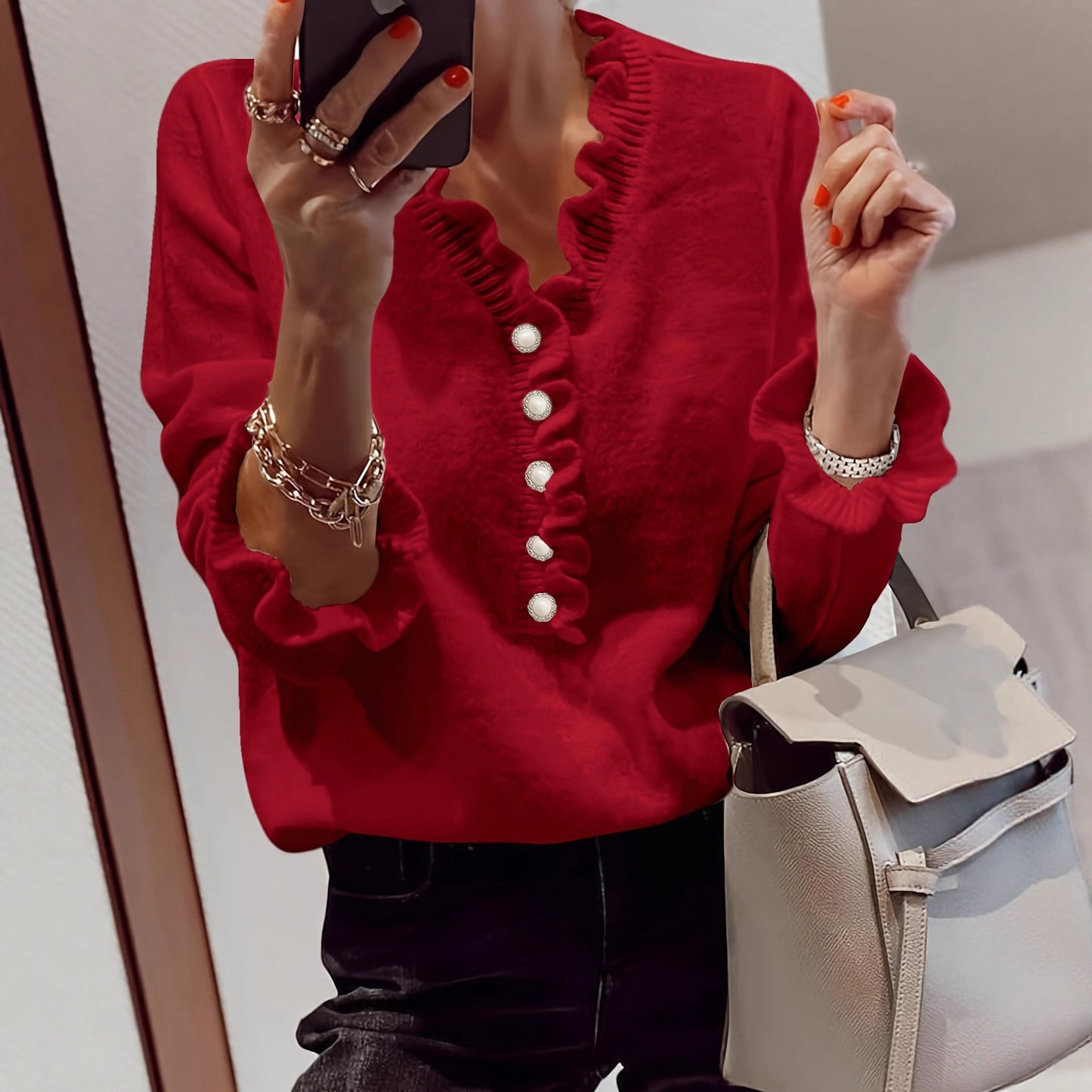 Winter V-neck Ruffled Knitted Sweater Fashion Pullover Long-sleeved Tops For Women