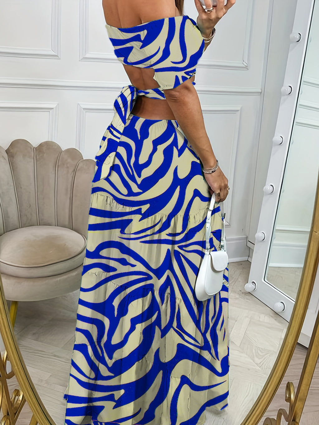 Robe longue en mousseline de soie à col une ligne, manches courtes, imprimée et taille creuse pour femme - Idéale pour les vacances d'été