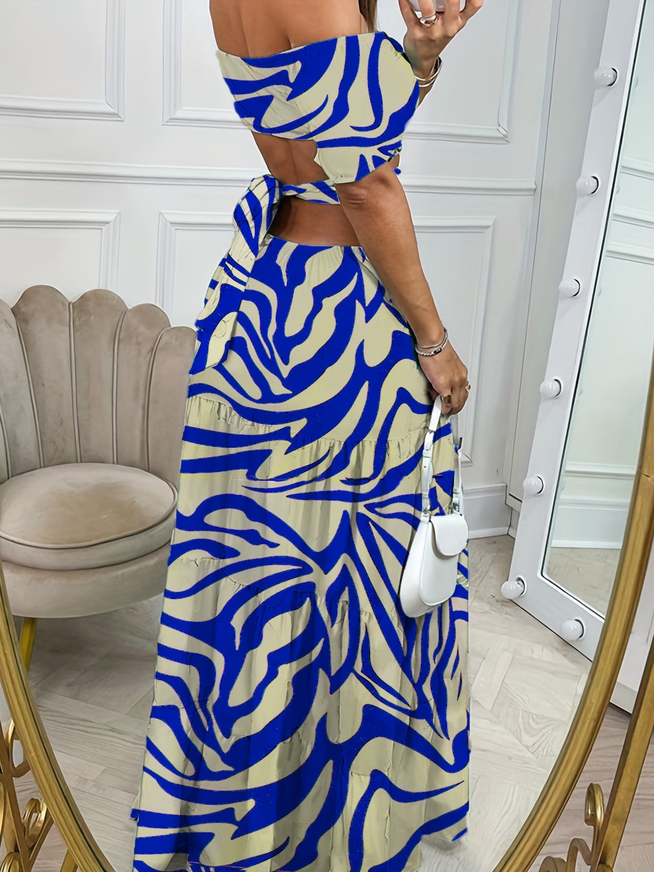 Robe longue en mousseline de soie à col une ligne, manches courtes, imprimée et taille creuse pour femme - Idéale pour les vacances d'été