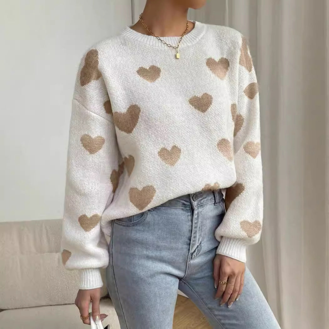 Round Neck Pullover All-matching Love Contrast Color Loose Casual Knitted Long Sleeve