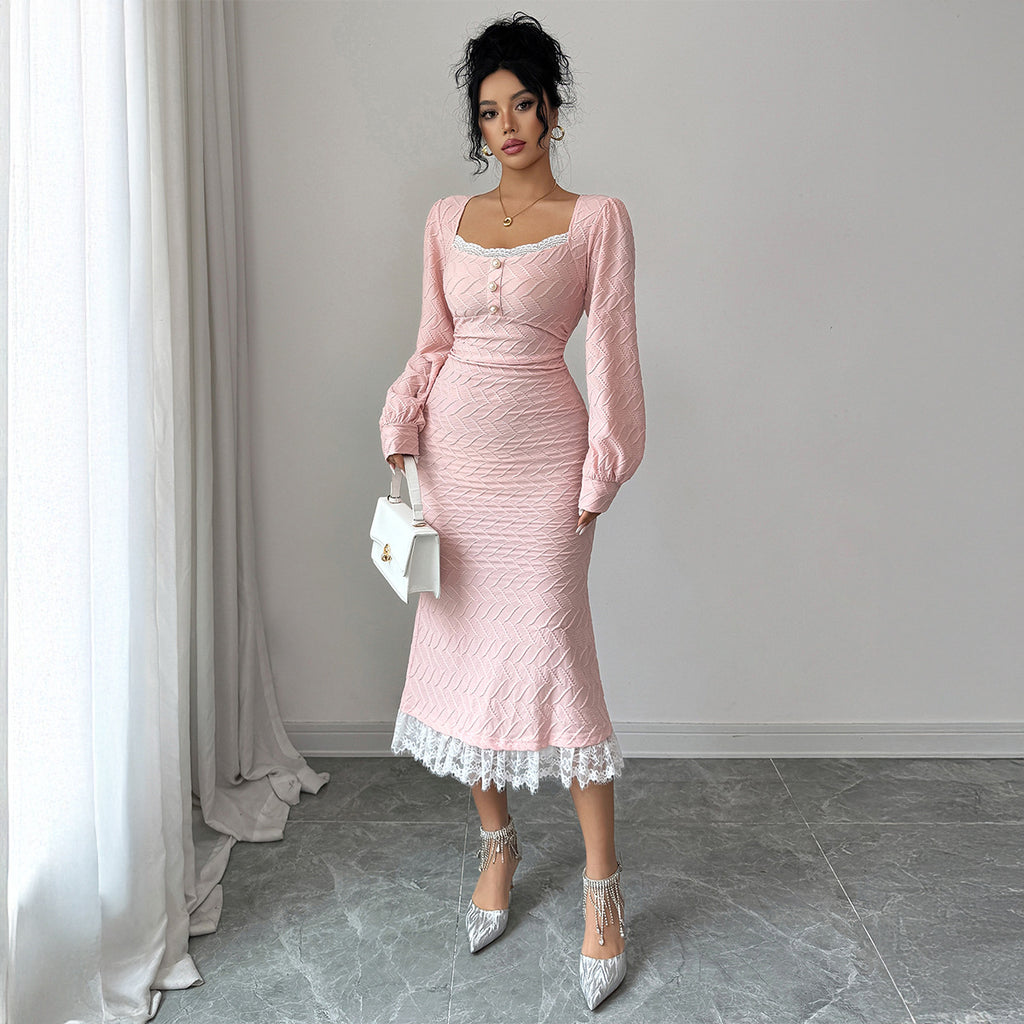 Elegant Pink Long-Sleeve Button-Down Bodycon Dress for Women