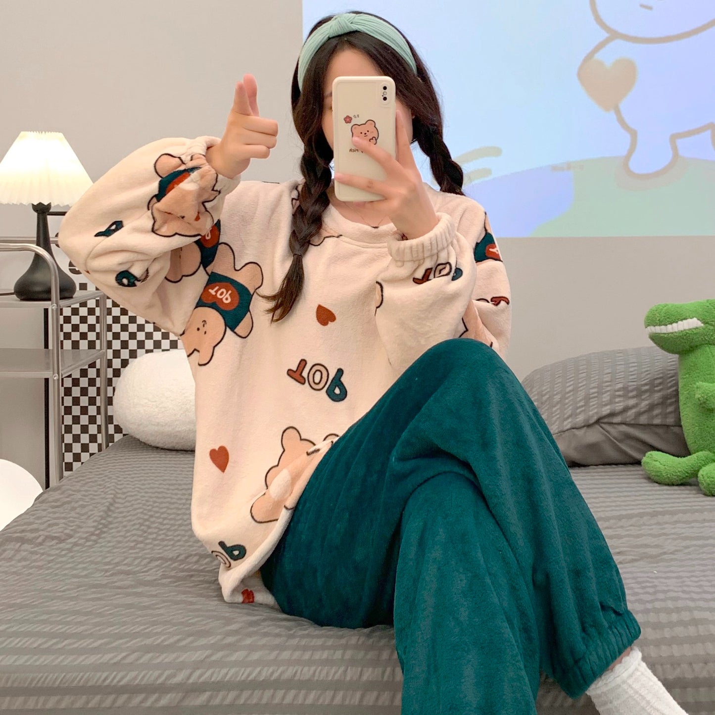 Cute Cartoon Flannel Warm Student Crew Neck Homewear Pajama Set