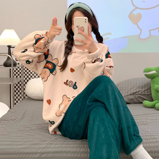 Cute Cartoon Flannel Warm Student Crew Neck Homewear Pajama Set