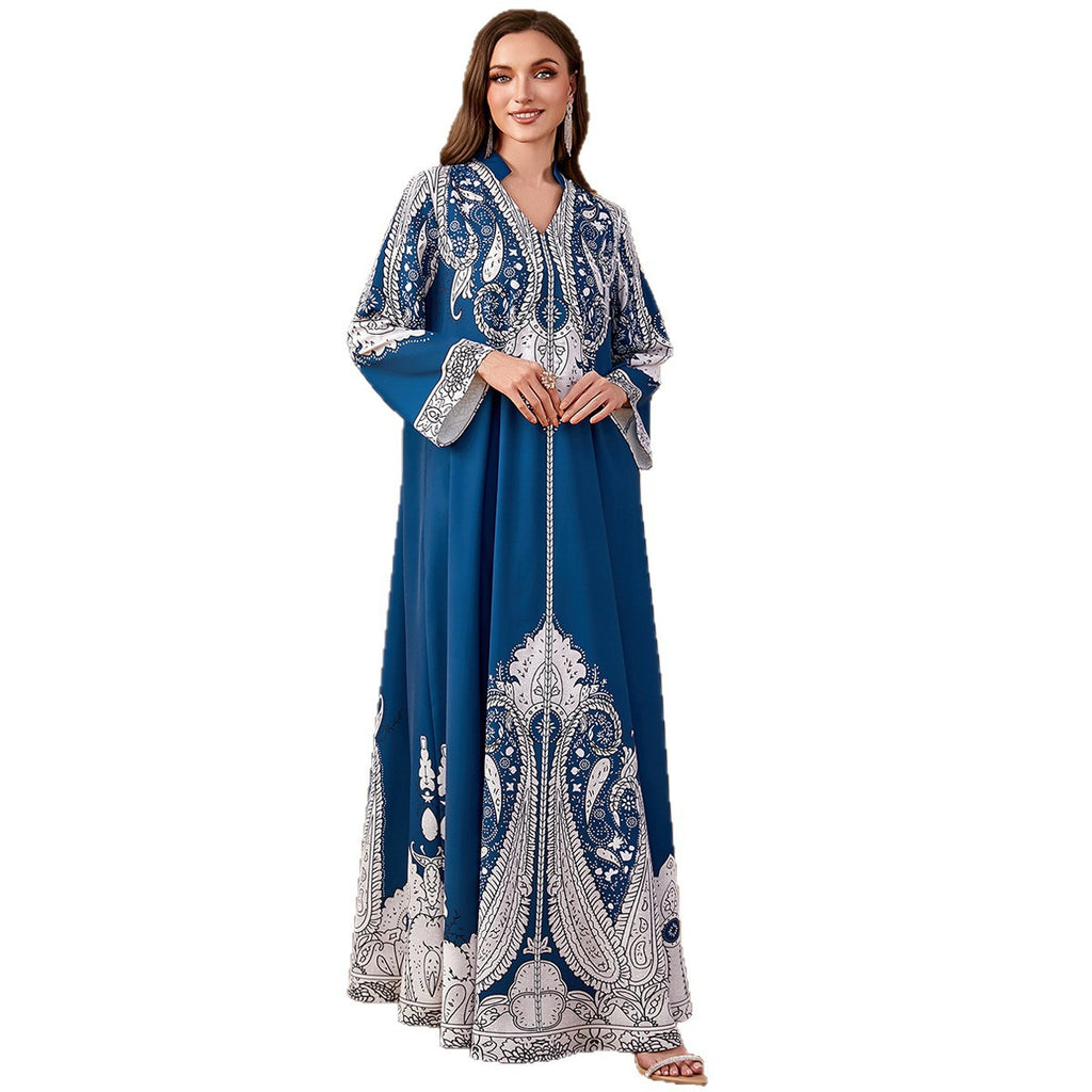 Robe longue ample imprimée en polyester à perles décontractée pour femme musulmane, tailles M-XXL
