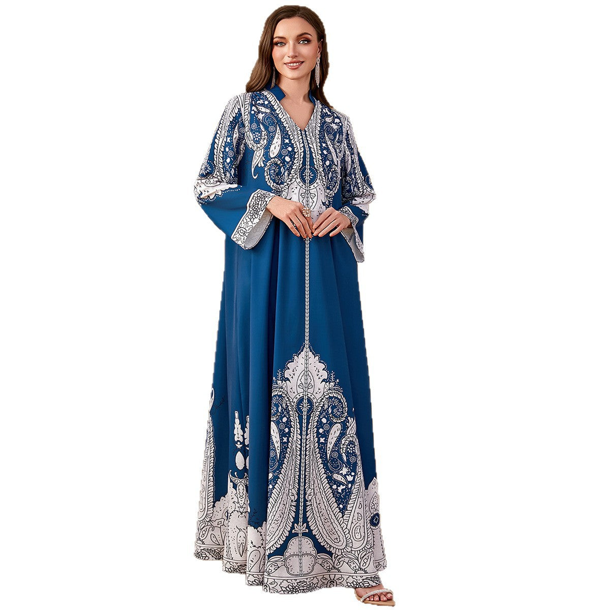 Robe longue ample imprimée en polyester à perles décontractée pour femme musulmane, tailles M-XXL
