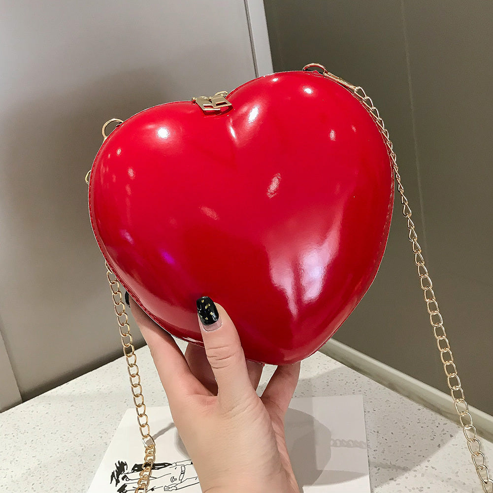 Women's One-Shoulder PVC Messenger Bag with Heart Design, 18x19x8cm, Red & Black