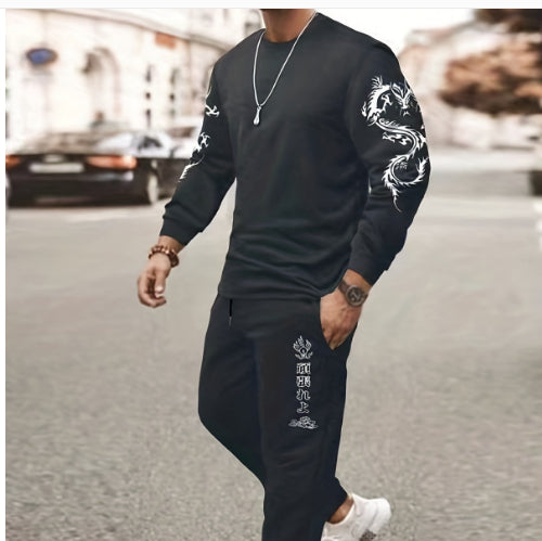 Ensemble décontracté pour homme : T-shirt à manches longues, col rond, poches, pantalon crayon à cordon de serrage.