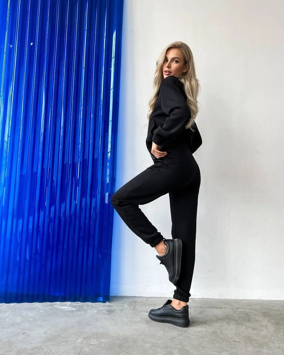 Ensemble pull à manches longues à capuche et fermeture éclair doublé en polaire