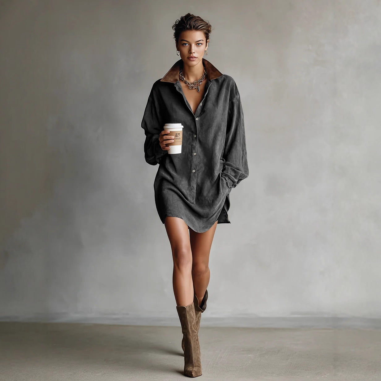 فستان قميص نسائي فضفاض بنمط فرنسي كلاسيكي