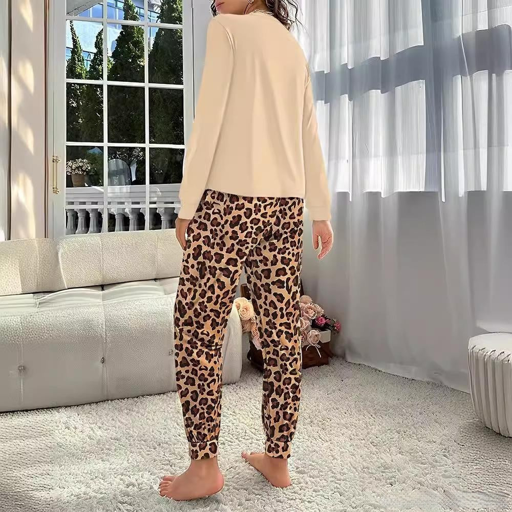 Apricot Wool Blend Printed Round Neck Long Sleeve Top & Pants Two-Piece Suit