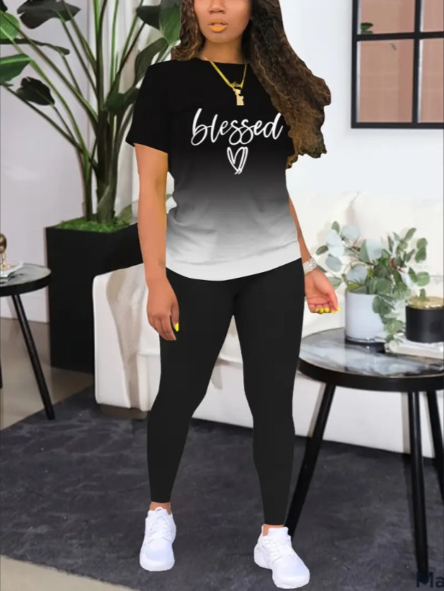 Women's Alphabet Print Round Neck T-Shirt & Leggings Set
