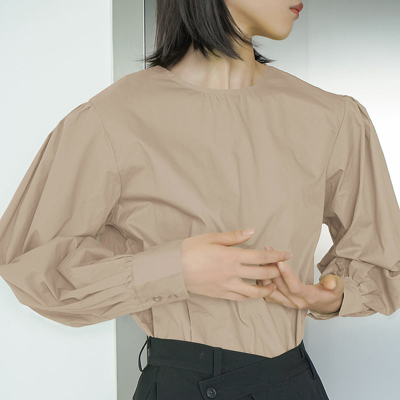 Women's Autumn Cotton Crew Neck Lantern Sleeve Shirt