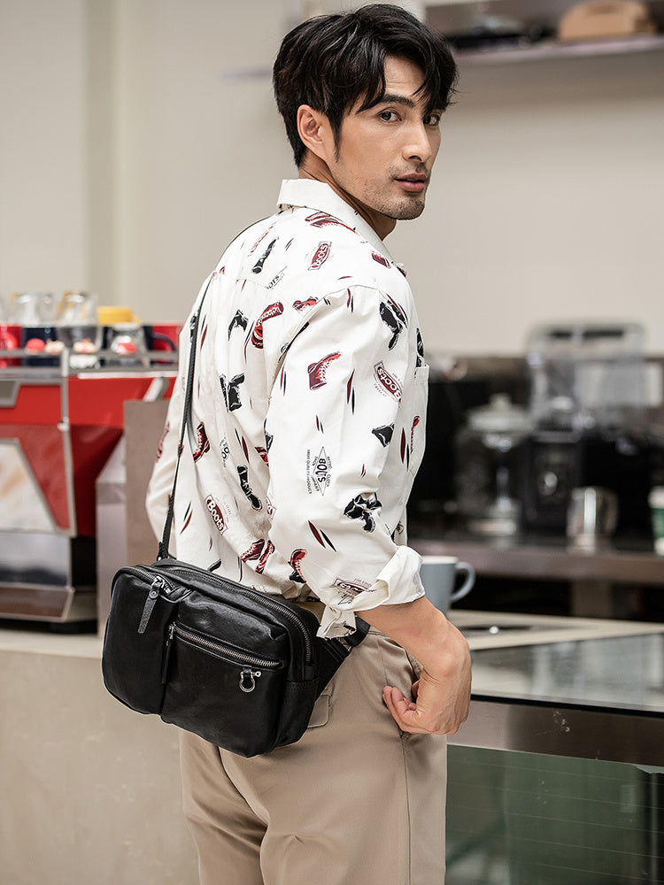 Leather Men's Black Shoulder Bag with Zipper, 26cm x 9cm x 18cm