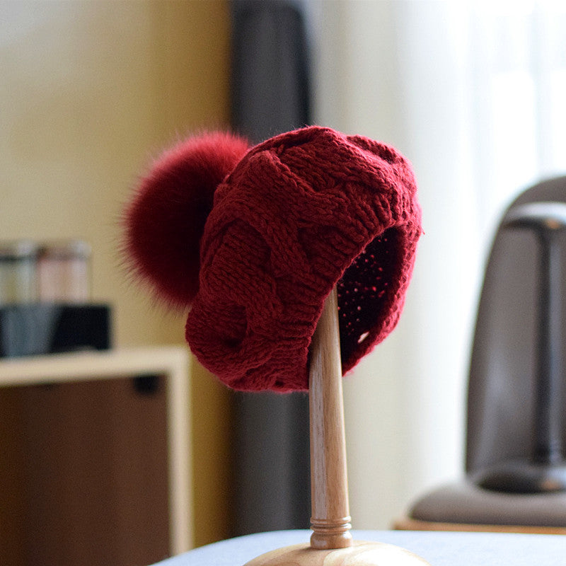 Autumn And Winter Fox Fur Ball Wool Hat For Children