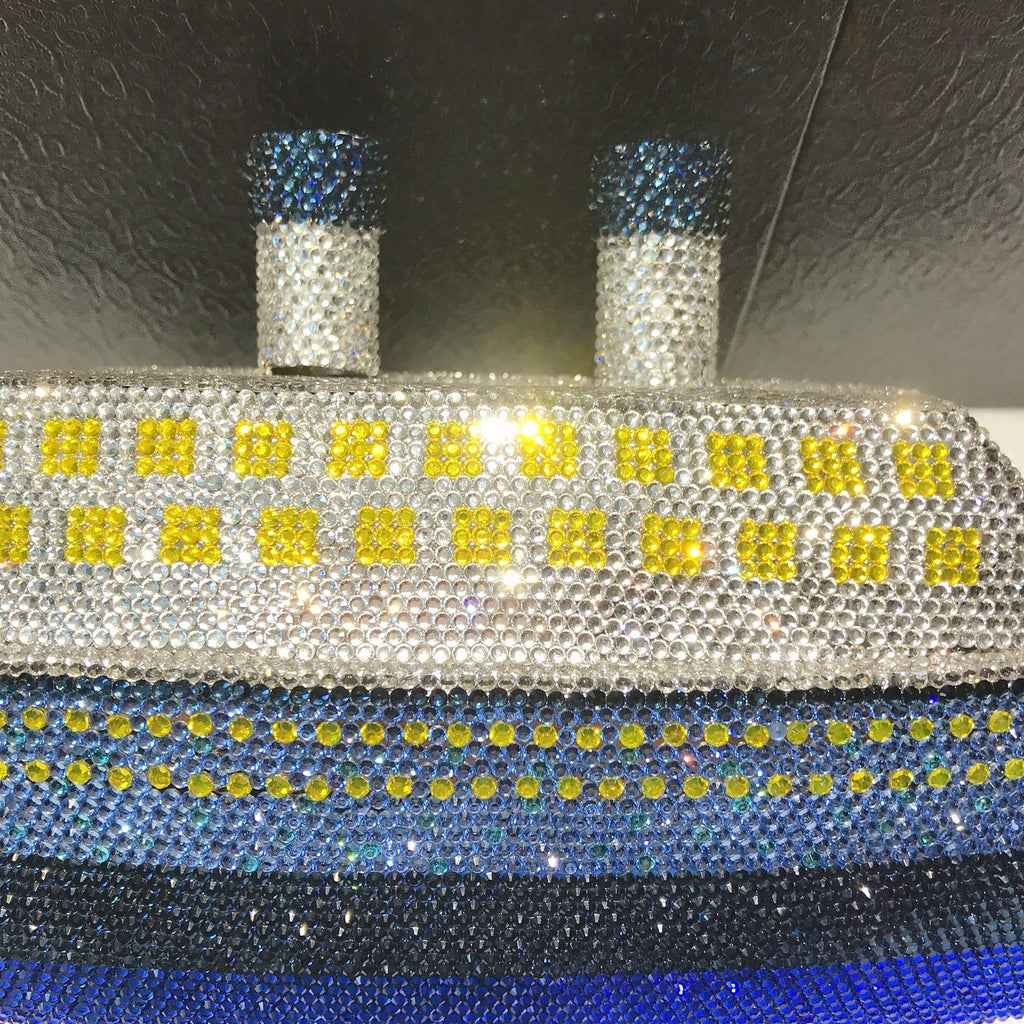 Full Diamond Crystal Rhinestone Metal Evening Bag with Magnetic Closure, Small Size, Red & Blue