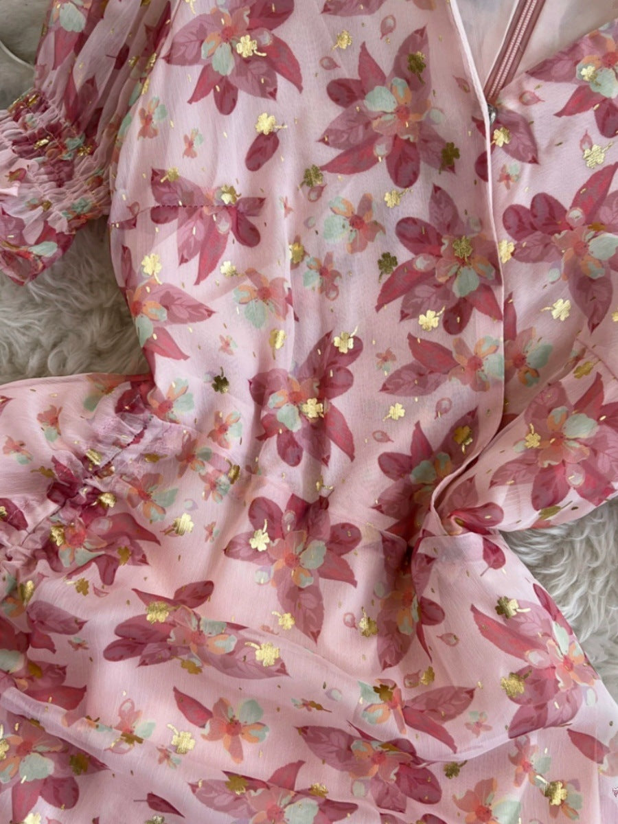 Pink Small Floral Chiffon Slim Fishtail Dress with Princess Sleeves