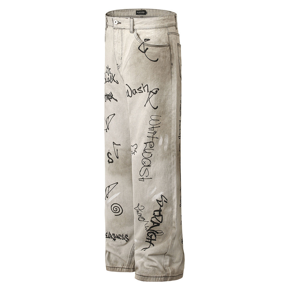 Hand-Painted Graffiti Print Jeans for Men in Light Gray & Washed Blue